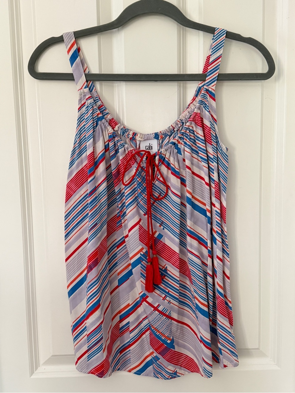 CAbi Red, Blue & White Striped Tassel Drawstring Tank